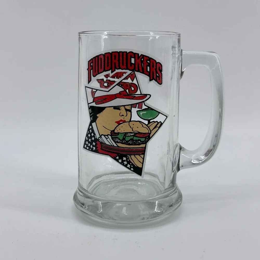 Fuddruckers Beer Mug Worlds Greatest Hamburger Glass Clear Graphic Vintage